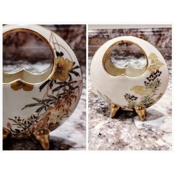 JAPANESE Late Meiji Period Antique SMALL SATSUMA MOON Gold Floral Flask Vase